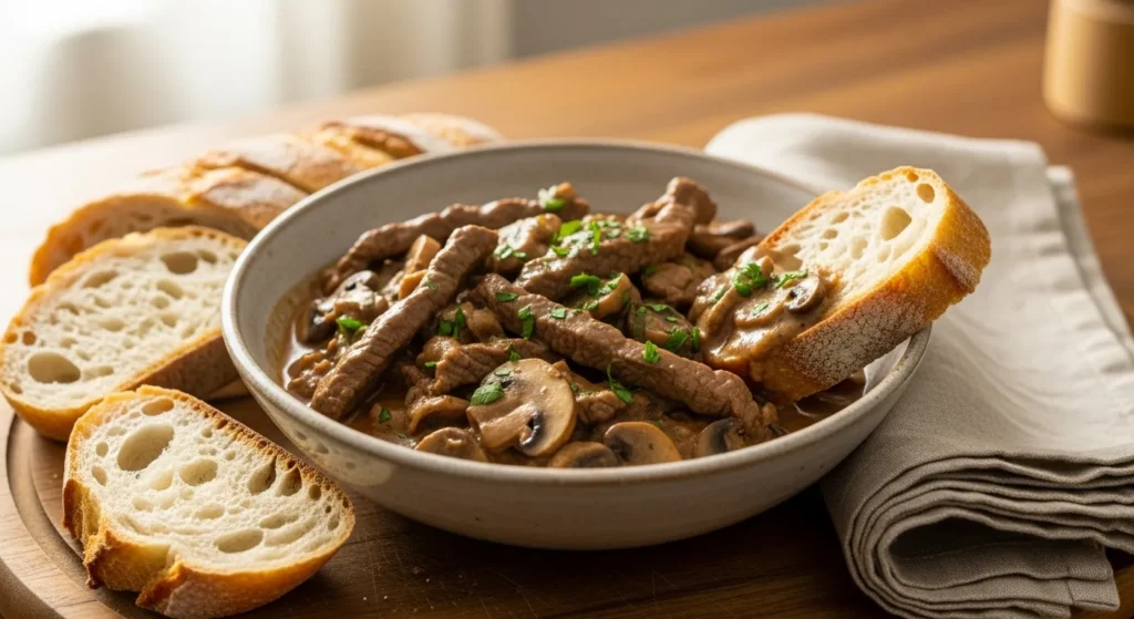 Overhead view of beef stroganoff with parsley and crusty bread.