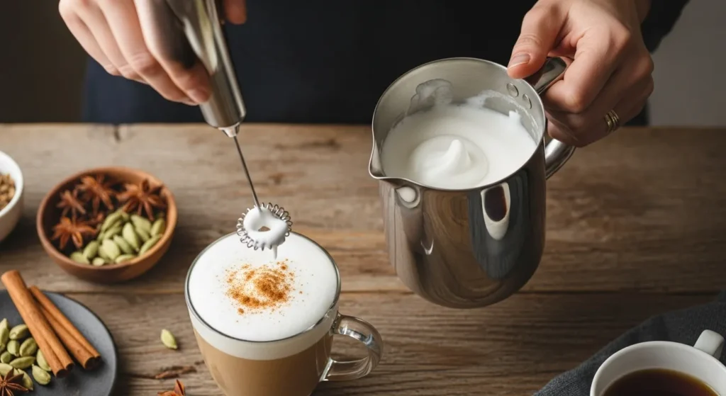 The Best Chai Tea Latte Recipe 3 Hand frothing milk using a whisk in a glass bowl.