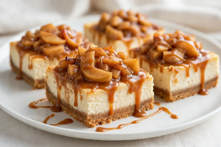 Caramel Apple Cheesecake Bars with cinnamon apples and caramel drizzle