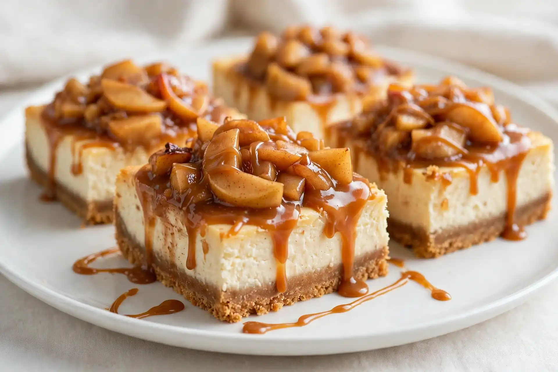 Caramel Apple Cheesecake Bars with cinnamon apples and caramel drizzle