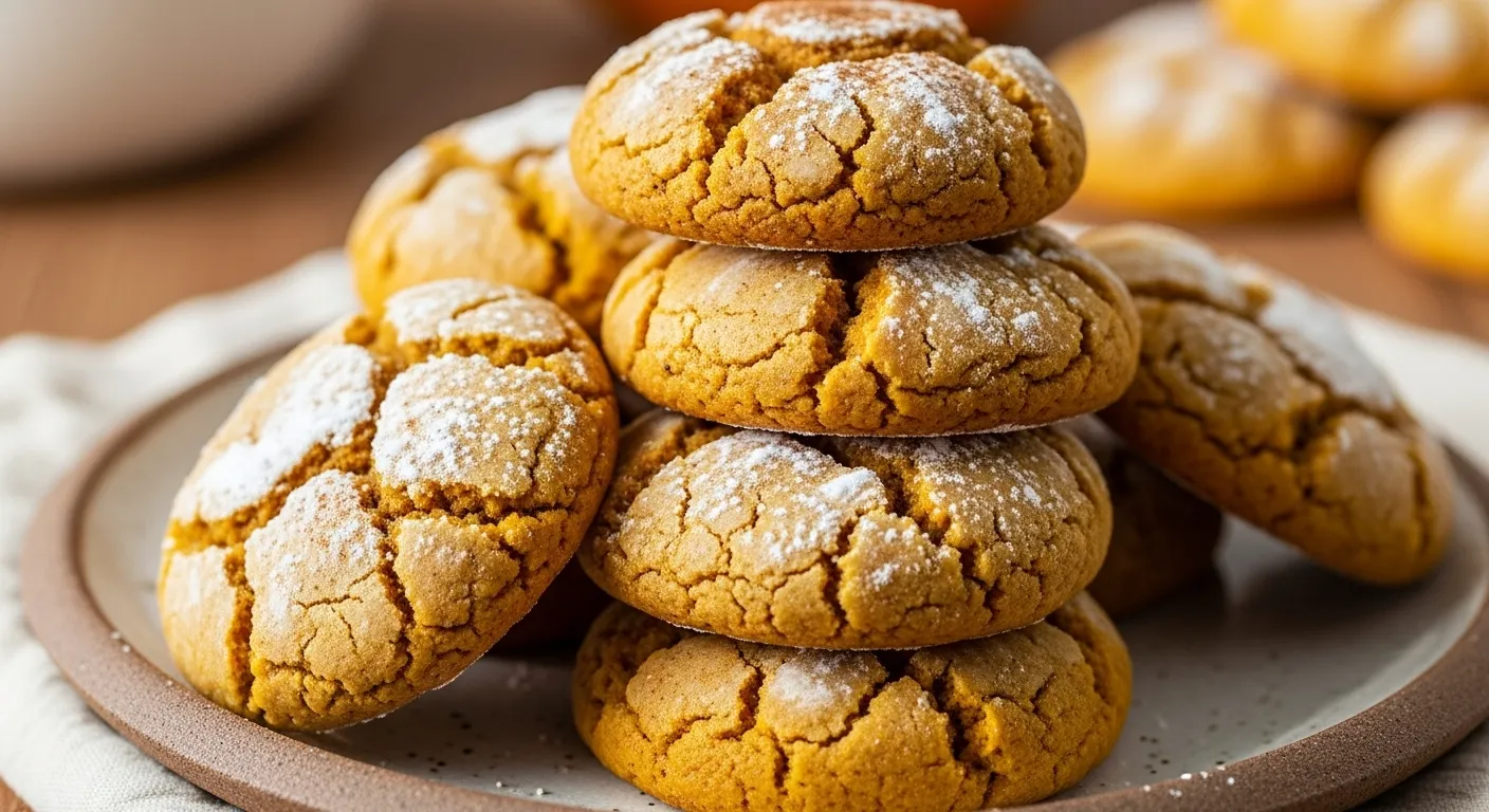 Chai Spiced Pumpkin Cookies Recipe 1 Stack of chai spiced pumpkin cookies on a plate with cinnamon sticks.