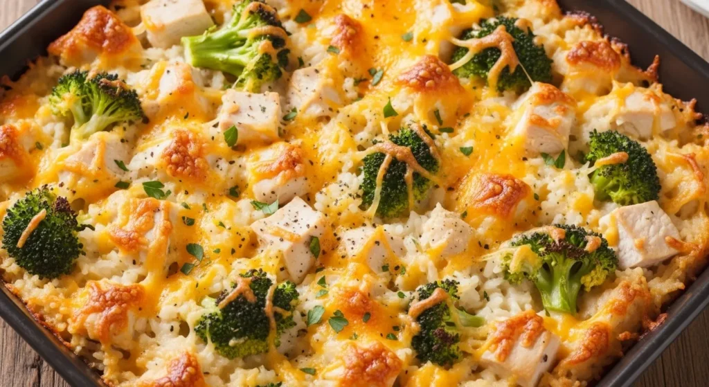 Creamy Chicken Broccoli Rice Cheese Casserole Recipe 3 Close-up of cheesy golden baked chicken broccoli rice casserole