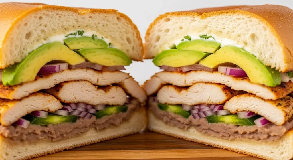 Sliced chicken torta sandwich showing layers of chicken, avocado, beans
