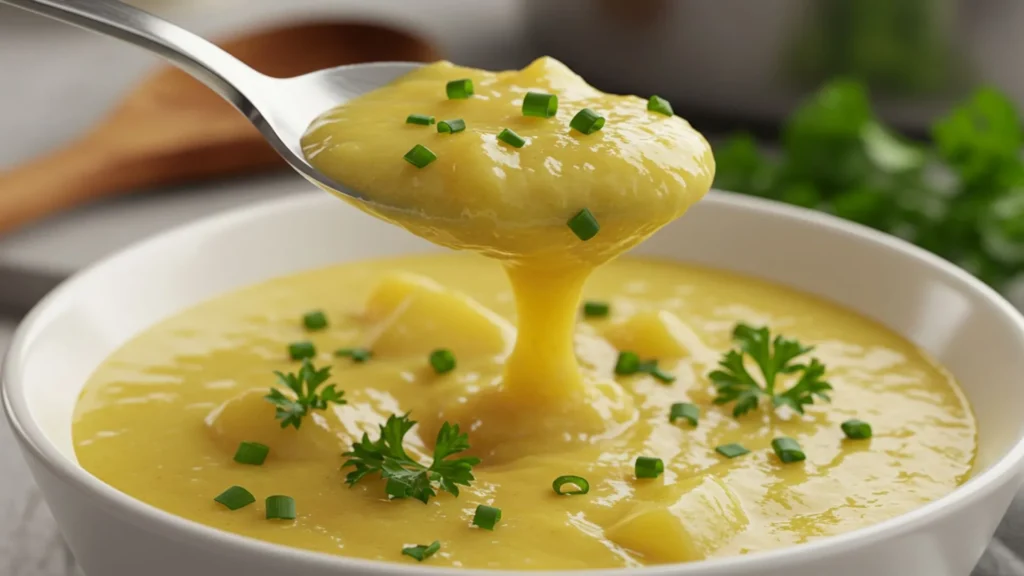 Cozy Potato Onion Soup Recipe 3 Spoon lifting thick, creamy potato soup with herbs