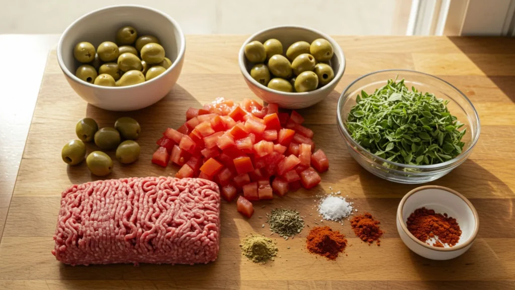 Easy Picadillo Recipe 2 Flat lay of ingredients for easy picadillo recipe including ground beef, tomatoes, olives, and spices