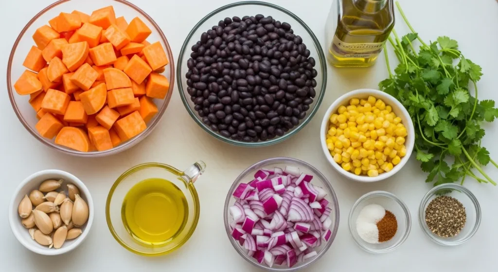 Roasted Sweet Potato Black Bean Salad Recipe 2 Flat lay of fresh ingredients for roasted sweet potato black bean salad including cubed sweet potatoes, black beans, corn, and cilantro.