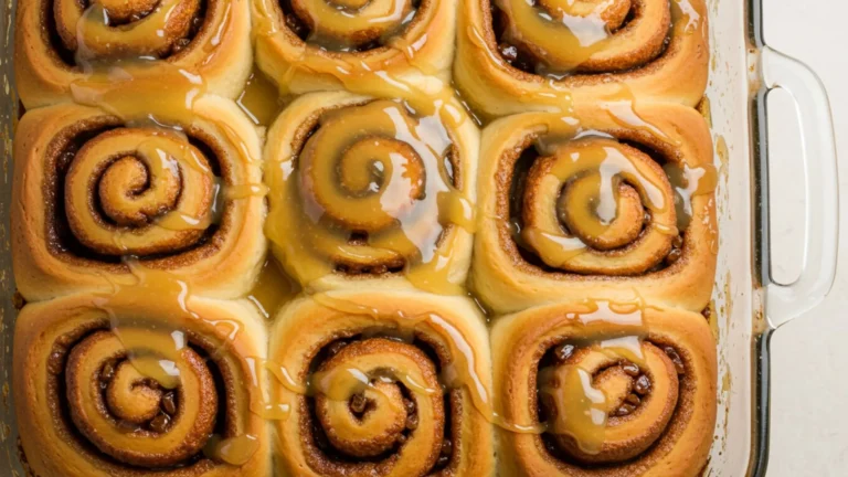 Gooey Apple Cider Cinnamon Rolls Recipe 7 Freshly baked gooey apple cider cinnamon rolls topped with a drippy glaze in a white baking dish