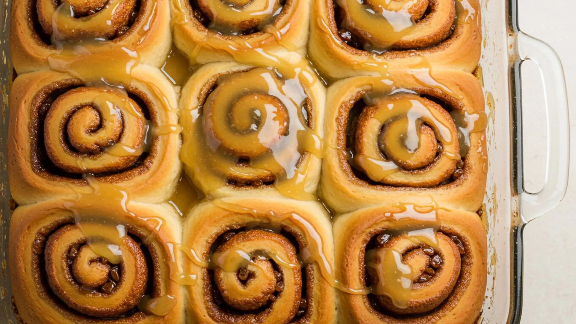 Gooey Apple Cider Cinnamon Rolls Recipe 1 Freshly baked gooey apple cider cinnamon rolls topped with a drippy glaze in a white baking dish