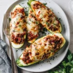 ground beef zucchini boats topped with melted mozzarella cheese and marinara sauce