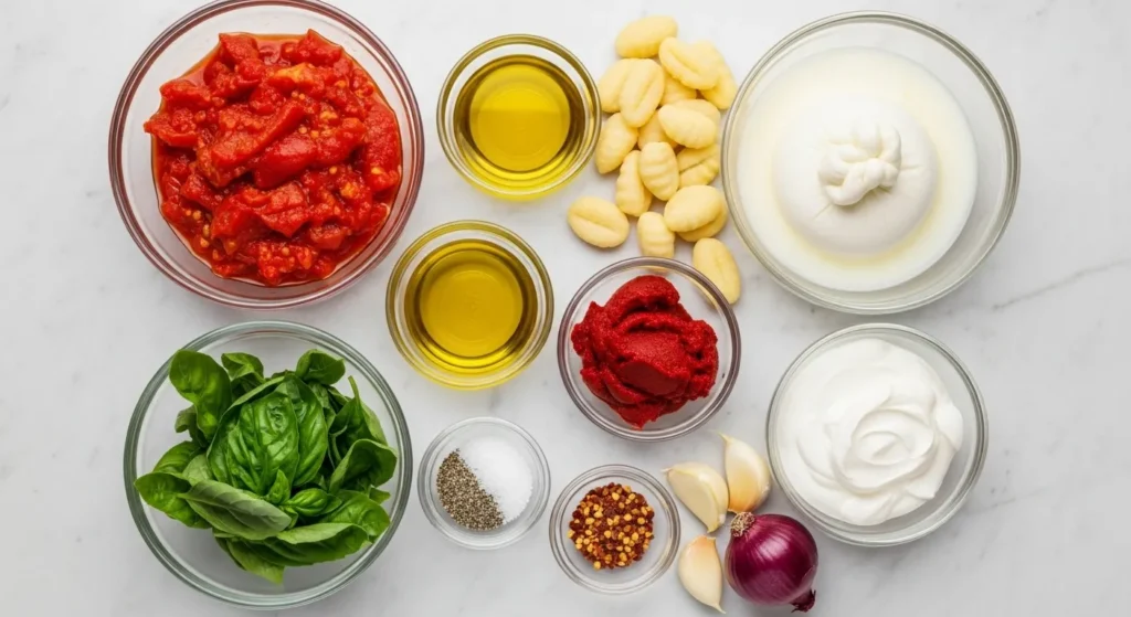 Flat lay of gnocchi, burrata cheese, cherry tomatoes, garlic, basil, and cream.