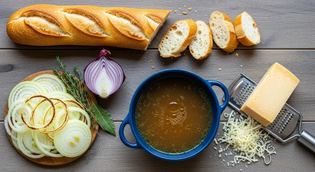 Easy French Onion Soup Recipe: Cheesy & Comforting 2 Fresh onions, beef broth, butter, cheese, and baguette on a wooden board.