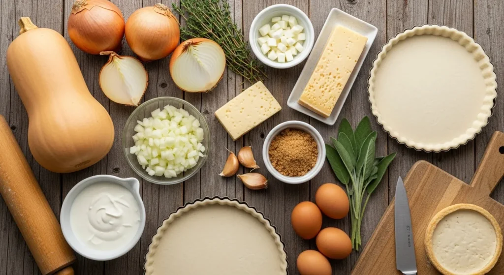 Fresh ingredients for butternut squash tart on a wooden table