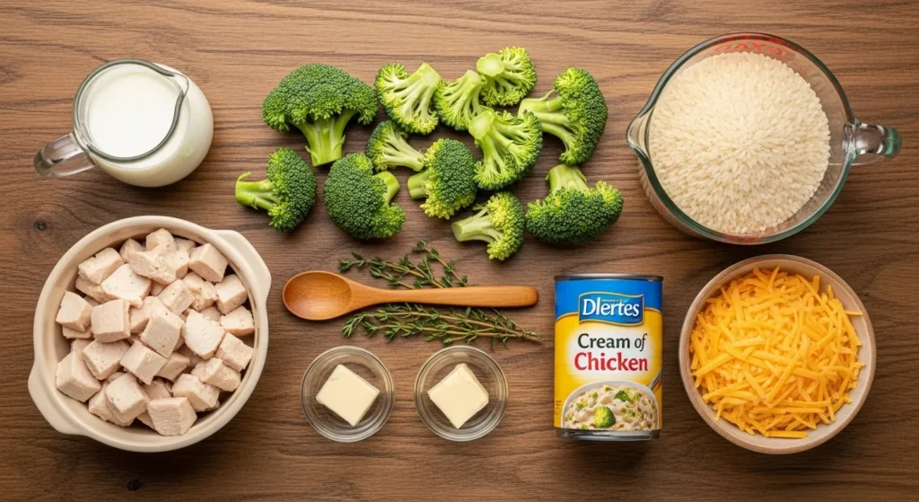 Creamy Chicken Broccoli Rice Cheese Casserole Recipe 2 Ingredients for creamy chicken broccoli rice cheese casserole including chicken, broccoli, rice, cheese, and cream of chicken soup
