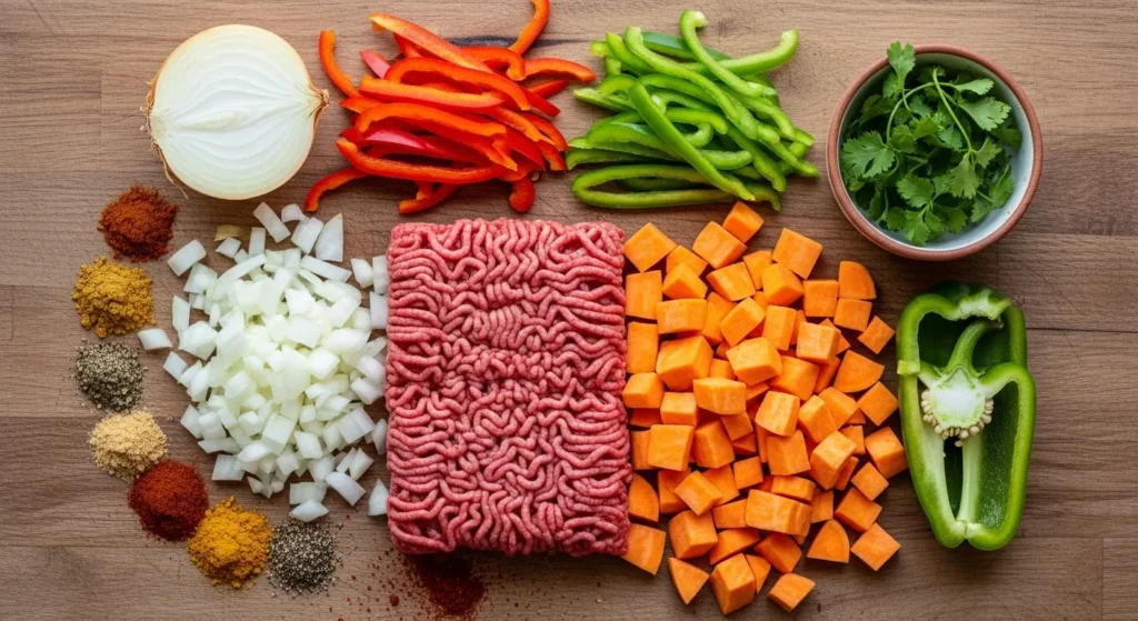 Flat lay of ingredients for ground beef and sweet potato skillet on a wooden surface.