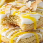 Freshly baked lemon coconut cheesecake cookies on a plate