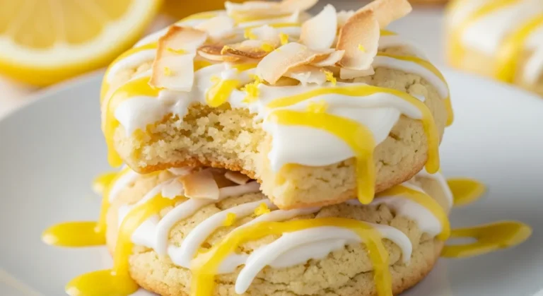 Lemon Coconut Cheesecake Cookies Recipe 8 Freshly baked lemon coconut cheesecake cookies on a plate