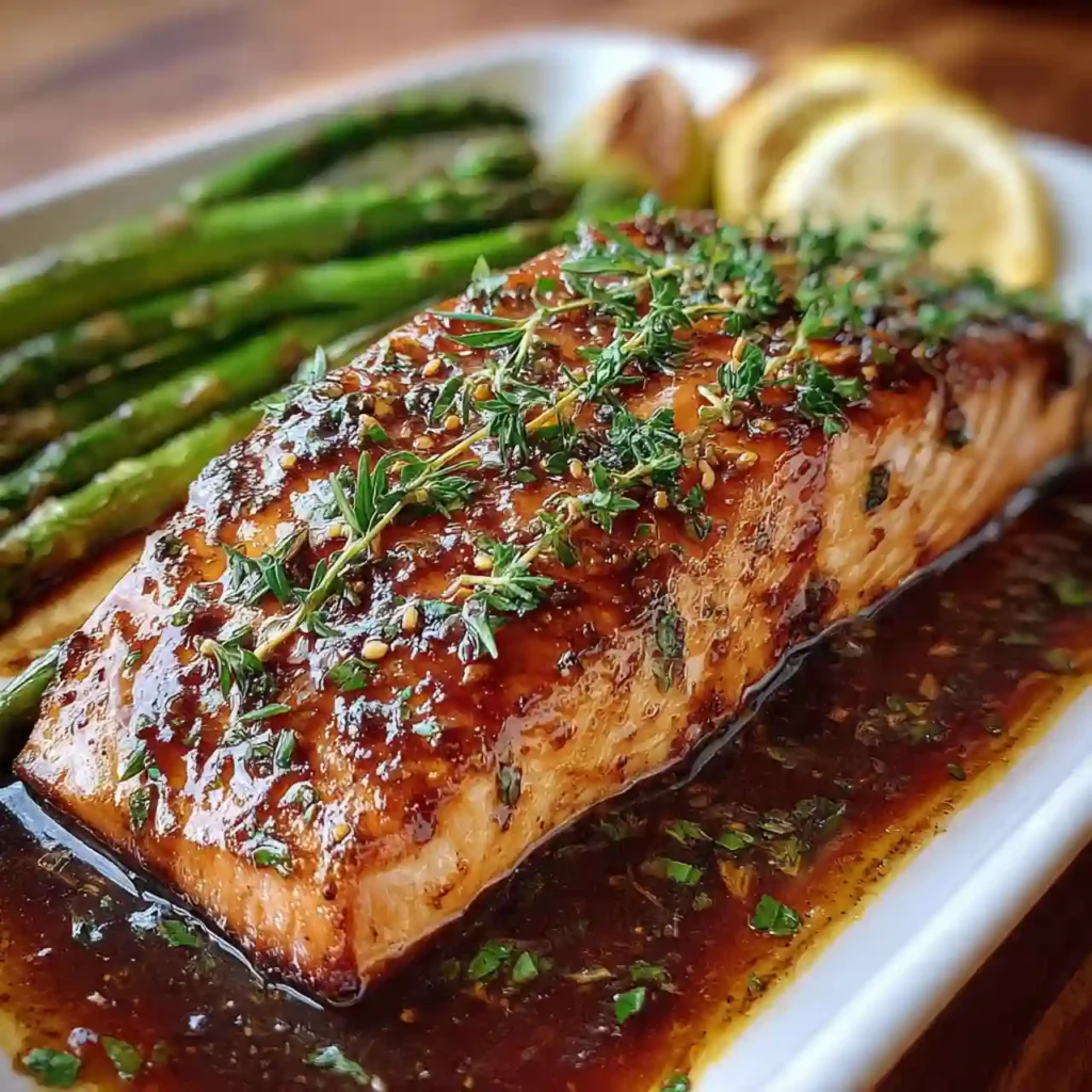 Salmon with glaze and asparagus garnish