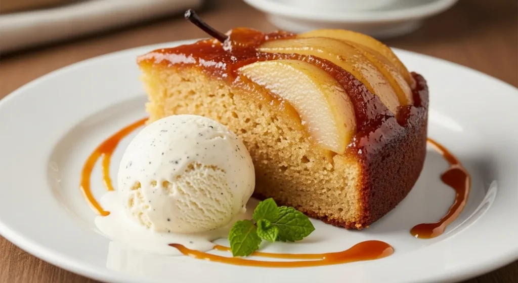 Warm & Cozy Spiced Pear Upside Down Cake Recipe 3 	Slice of pear upside down cake served warm with vanilla ice cream