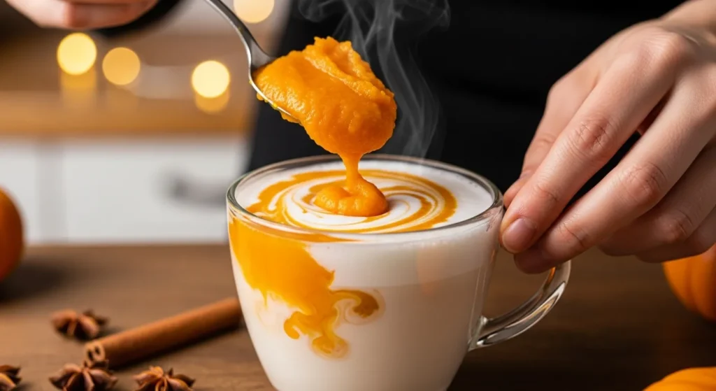 Starbucks Pumpkin Spice Latte Recipe (Better Than the Drive Thru) 3 Mixing pumpkin puree with milk for latte