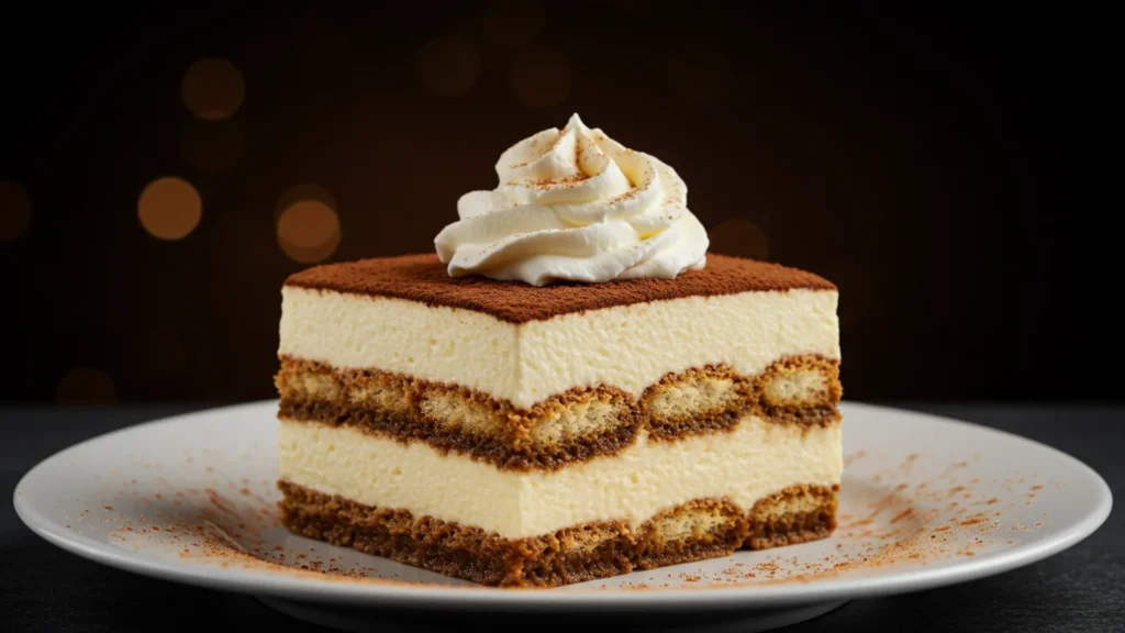 Pumpkin Spice Tiramisu Recipe (No Bake Fall Dessert) 3 Close-up of a slice of pumpkin spice tiramisu with creamy layers and whipped topping