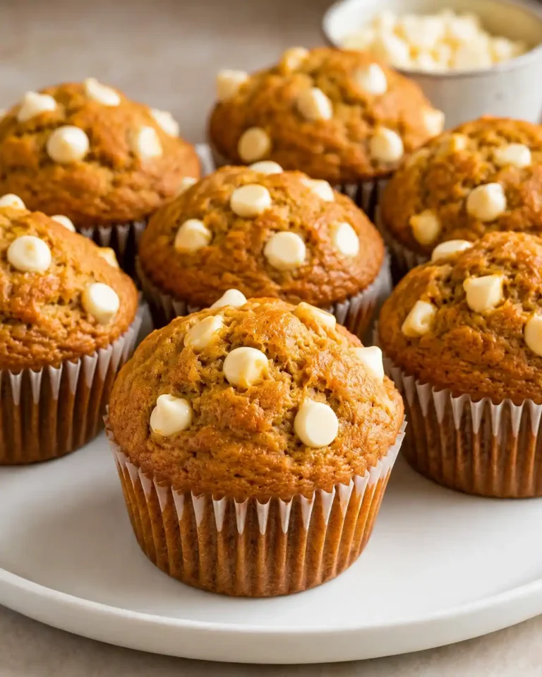 Pumpkin White Chocolate Chip Muffins with bakery-style tops and white chocolate chips
