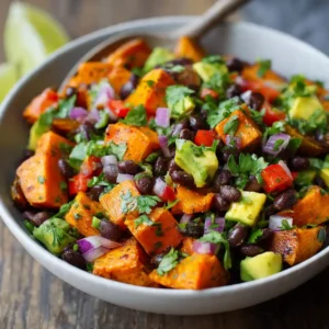 roasted sweet potato black bean salad with corn, cilantro, and lime dressing