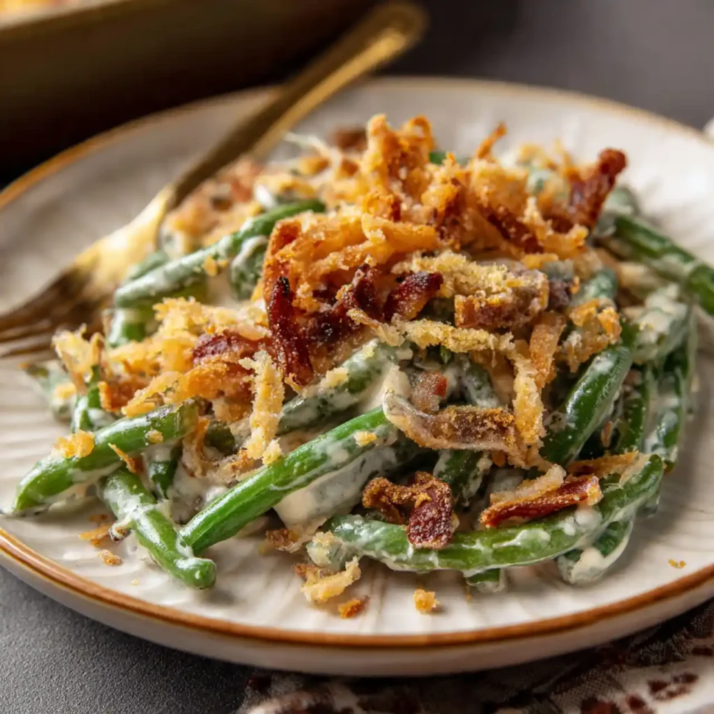 serving of creamy casserole green beans recipe on plate