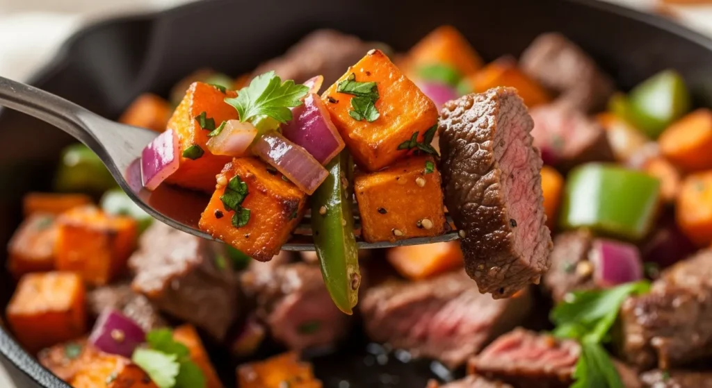 Close-up of ground beef and sweet potatoes on a fork.