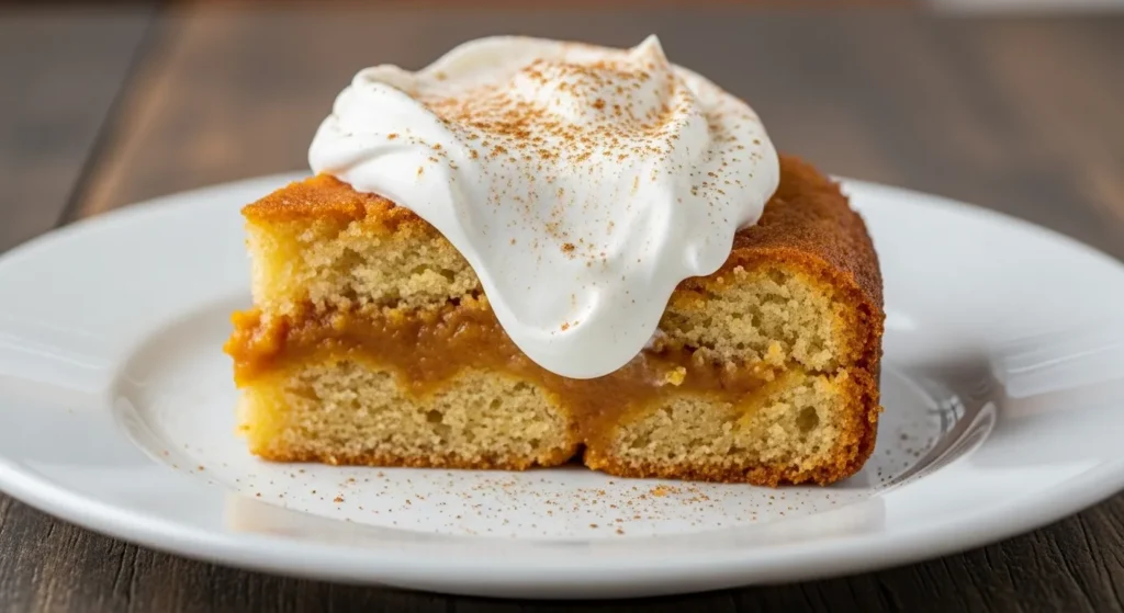 Pumpkin Dump Cake Recipe – Easy Fall Dessert You’ll Love 3 Slice of pumpkin dump cake served with whipped cream and cinnamon.