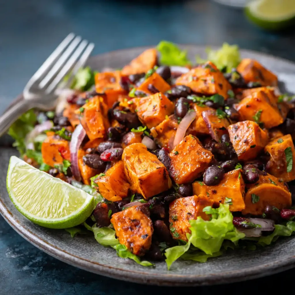 single serving of roasted sweet potato black bean salad on plate with lime wedge