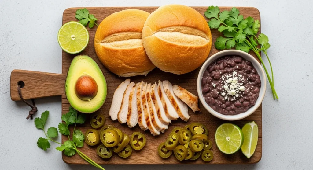 Ingredients for homemade chicken torta: telera rolls, grilled chicken, avocado, beans, jalapeños