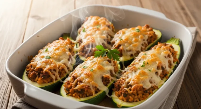 Ground Beef Zucchini Boats Recipe (30 Minutes) 7 Freshly baked ground beef zucchini boats topped with melted mozzarella