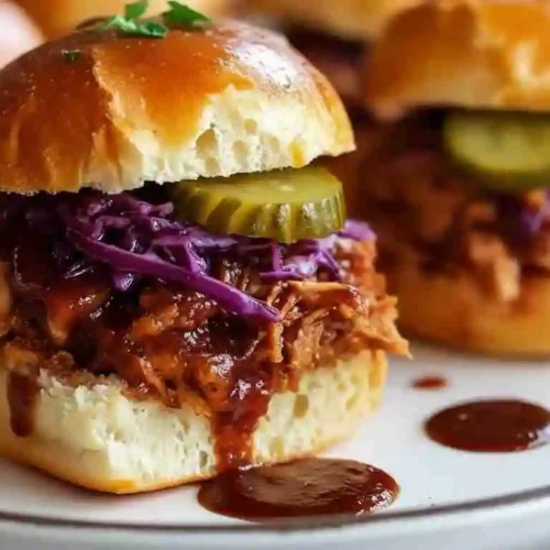 BBQ Pulled Chicken Sliders 4 BBQ pulled chicken sliders stacked on a serving platter.