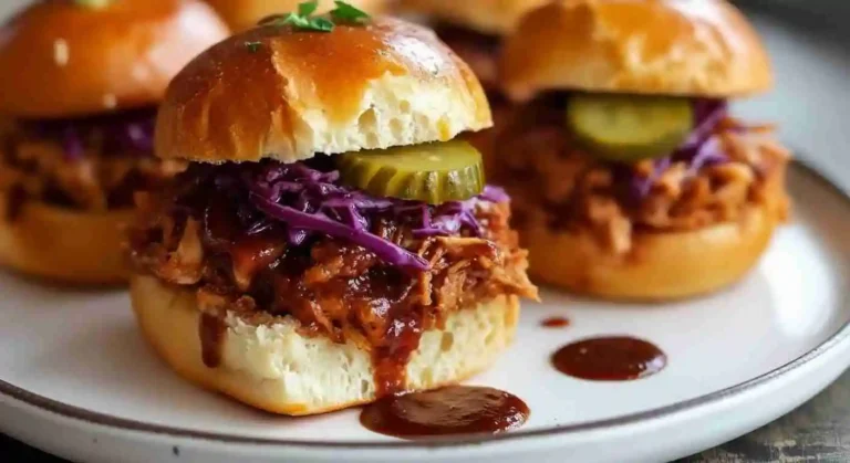 BBQ Pulled Chicken Sliders 6 BBQ pulled chicken sliders stacked on a serving platter.