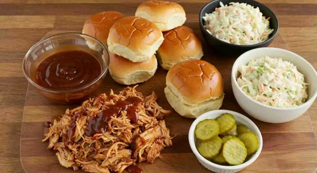 BBQ Pulled Chicken Sliders 2 Ingredients for BBQ pulled chicken sliders on a table.