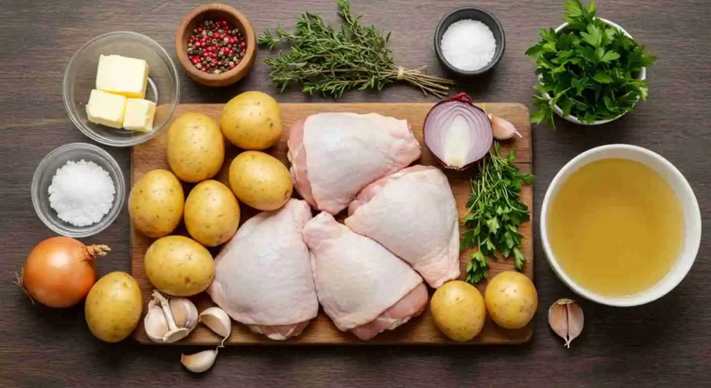 One Pan Chicken and Potatoes with Gravy Recipe 2 Raw chicken, potatoes, onions, garlic, and broth arranged for chicken and potatoes with gravy recipe.