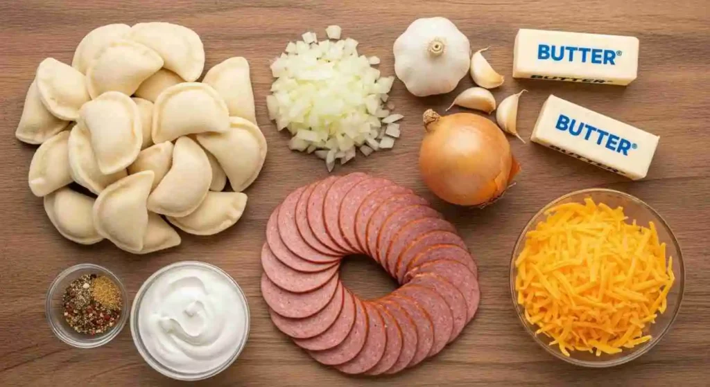 Easy Pierogi Casserole with Sausage 2 Ingredients for pierogi casserole with sausage on a wooden table.