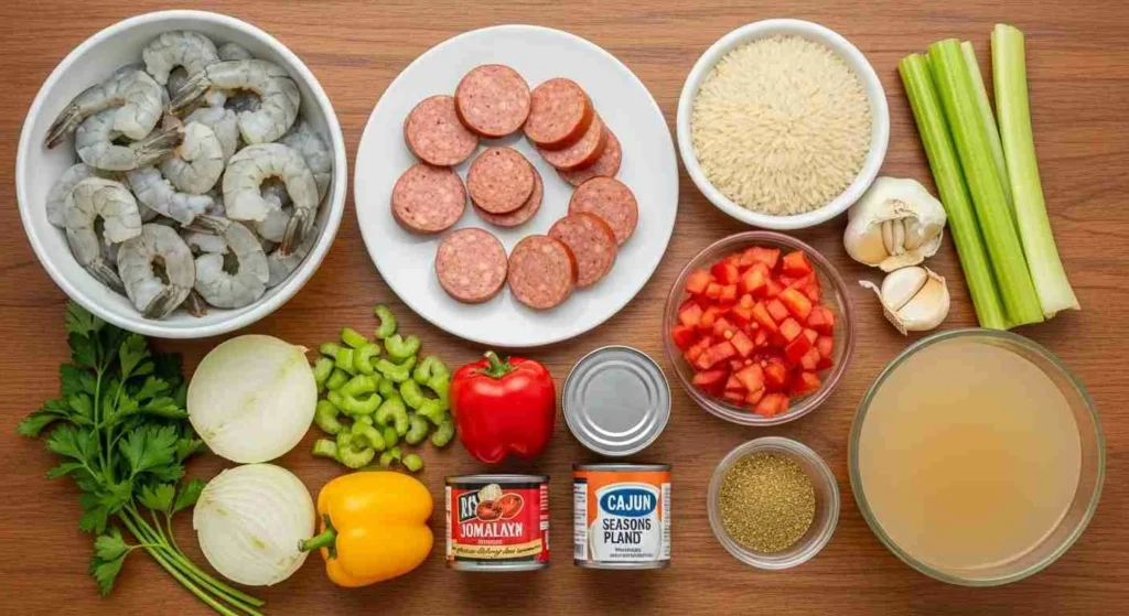 One Pot Shrimp and Sausage Jambalaya Recipe 2 Ingredients for shrimp and sausage jambalaya arranged on a table.