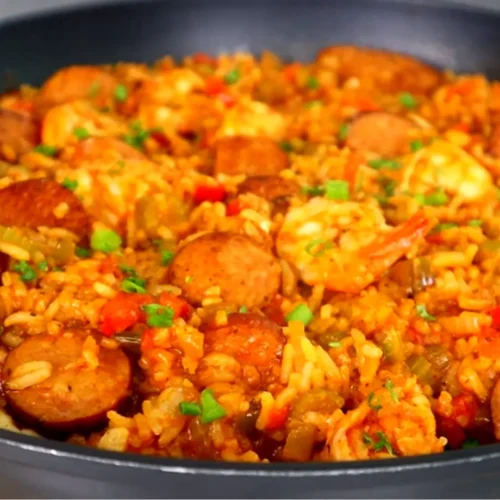 One Pot Shrimp and Sausage Jambalaya Recipe 4 One pot shrimp and sausage jambalaya with rice and Cajun spices.