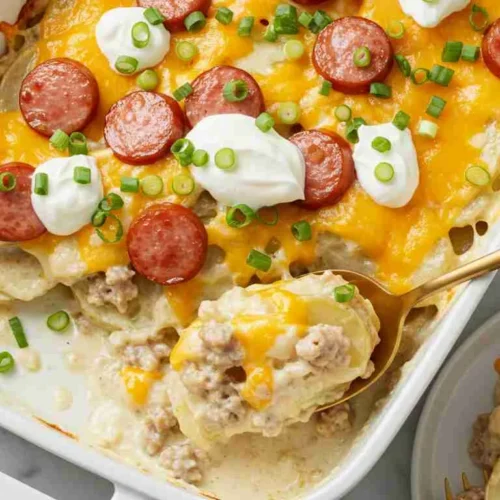 Easy Pierogi Casserole with Sausage 4 Easy pierogi casserole with sausage baked in a dish with melted golden cheese.