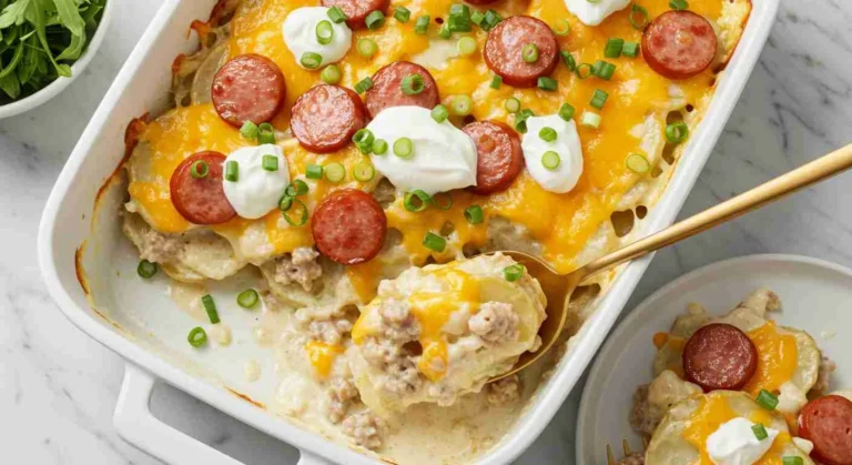 Easy Pierogi Casserole with Sausage 4 Easy pierogi casserole with sausage baked in a dish with melted golden cheese.