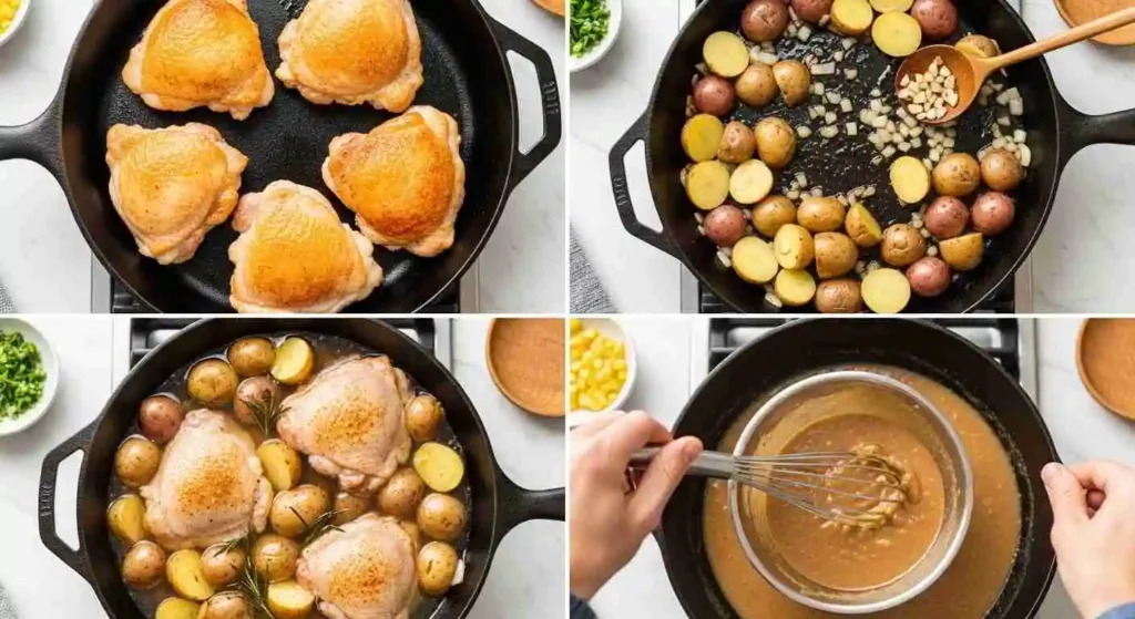 One Pan Chicken and Potatoes with Gravy Recipe 3 Step-by-step collage showing searing chicken, cooking potatoes and onions, baking with broth, and whisking gravy.