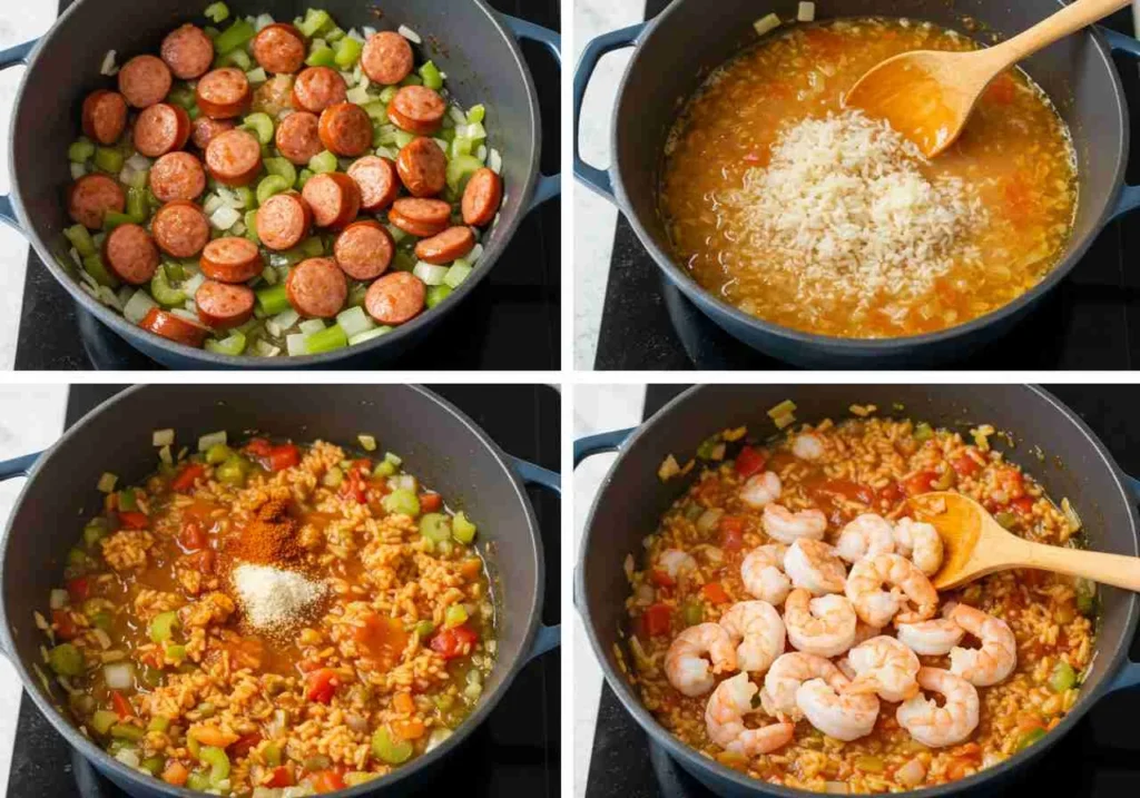 One Pot Shrimp and Sausage Jambalaya Recipe 3 Step-by-step cooking jambalaya with sausage, vegetables, rice, broth, and shrimp in one pot.