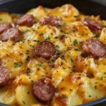 Cheesy ranch potatoes with smoked sausage in a cast-iron skillet.