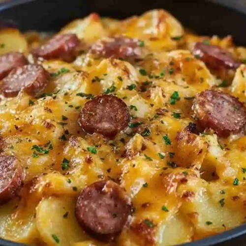 Cheesy Ranch Potatoes and Smoked Sausage 4 Cheesy ranch potatoes with smoked sausage in a cast-iron skillet.