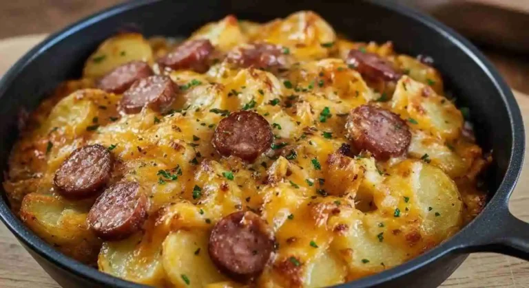 Cheesy Ranch Potatoes and Smoked Sausage 7 Cheesy ranch potatoes with smoked sausage in a cast-iron skillet.