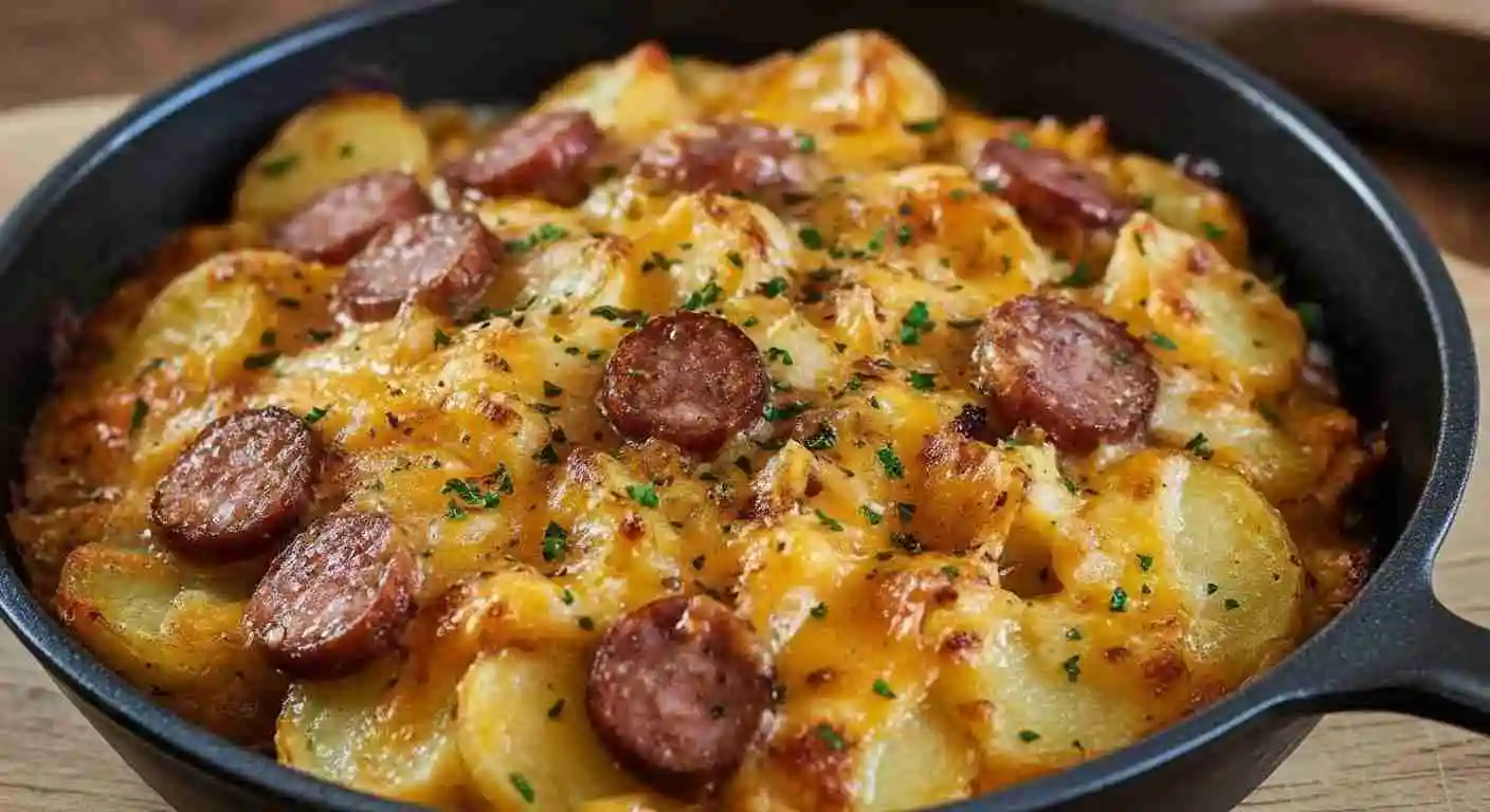 Cheesy Ranch Potatoes and Smoked Sausage 1 Cheesy ranch potatoes with smoked sausage in a cast-iron skillet.