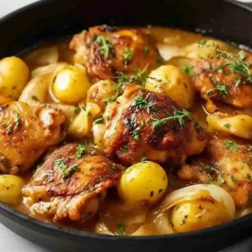 One Pan Chicken and Potatoes with Gravy Recipe 4 Golden brown chicken thighs with roasted potatoes and gravy in skillet.