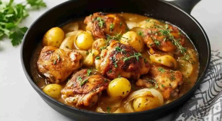 One Pan Chicken and Potatoes with Gravy Recipe 6 Golden brown chicken thighs with roasted potatoes and gravy in skillet.