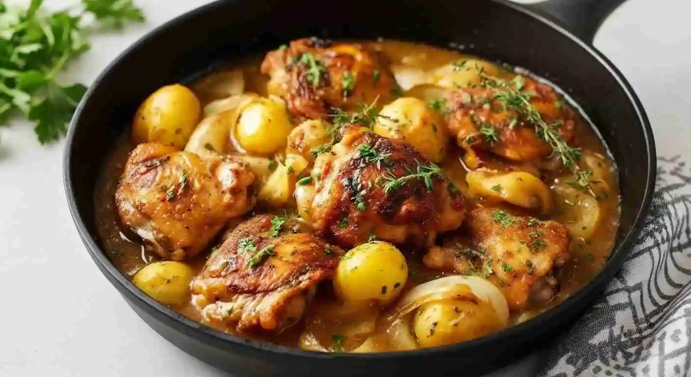 One Pan Chicken and Potatoes with Gravy Recipe 1 Golden brown chicken thighs with roasted potatoes and gravy in skillet.